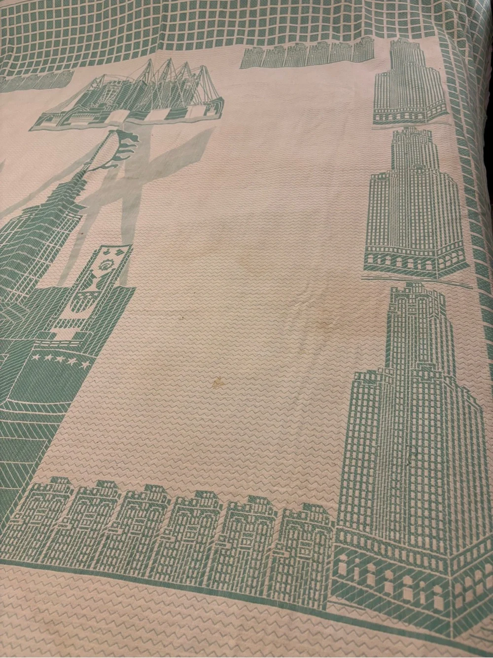 Vintage Chicago 1933 Authentic World’s Fair Jacquard Bedspread - Green & Cream